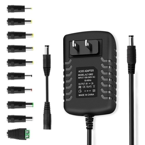DC 9V 2A Power Supply AC Adapter 100-240V 50-60Hz AC to DC Converter 9 Volt 2 Amp Power Adapter Transformer Cord with 10 Tips & 5.5mm x 2.1mm Reverse Polarity Converter Cable