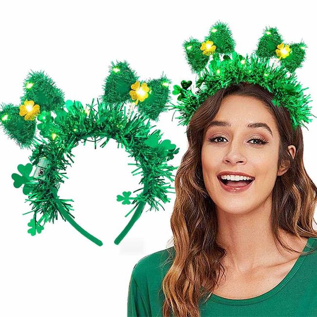 Foyte Light Up St.Patricks Day Headbands Shamrock Headband Green Bow Hairband Led Irish Hair Hoop Tinsel Rave Party Cosplay Hair Accessories