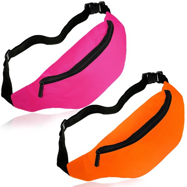 Aliceset 2 Pieces Neon Fanny Pack 80s Adjustable Waist Bags Lightweight Belt Bags Waterproof Traveling Running Bags Workout Costume Accessories with Adjustable Strap (Rose Red, Orange)