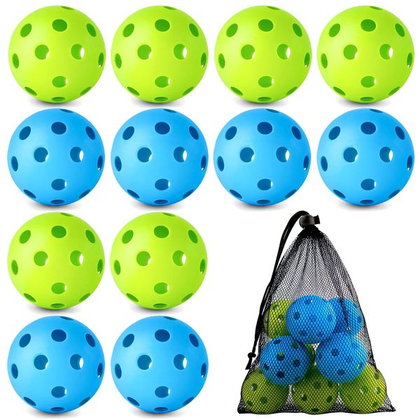 Coopay 12 Pack Baseball Practice Baseballs Plastic Hollow Soft Balls with a Drawstring Bag for Hitting, Baseball Training Indoor Outdoor Use (Green, Blue)