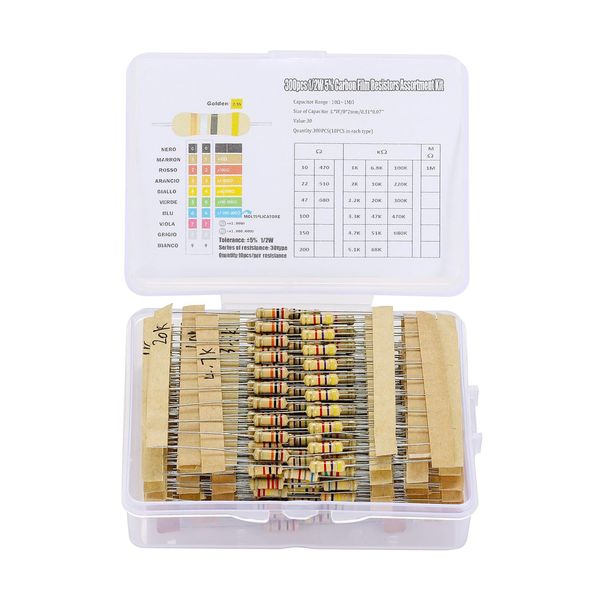 PENGLIN 300 Pcs Carbon Film Resistor Set Carbon Resistor 1/2W ±5% 10Ω to 1 MΩ 30 Types, 10 Pieces Each, Electronic Components Set