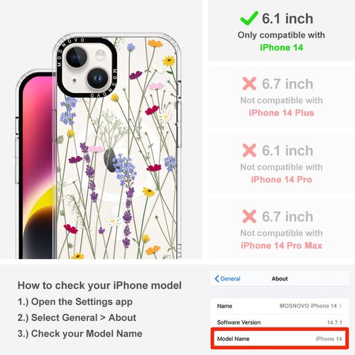 MOSNOVO Case for iPhone 14 / iPhone 13, [Compatible with Magsafe] [Buffertech 6.6ft Military-Grade Drop Protection] [Anti Peel Off Tech] Clear Phone Case Design - Floral Garden