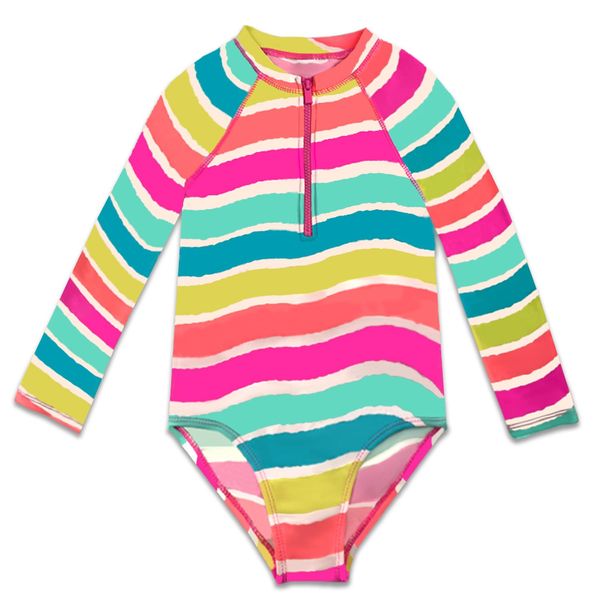 Girls Swimsuit One Piece Swimwear Long Sleeve Swimming Suit for Girl, UPF 50+, Stripe, 11-12T