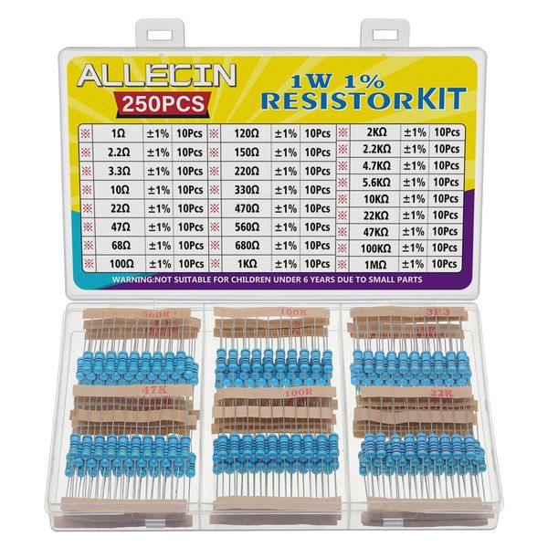 ALLECIN 25 Values 1W Metal Film Resistor Kit from 1 Ohm to 1M Ohm 1 Watt 1% Resistors Assortment