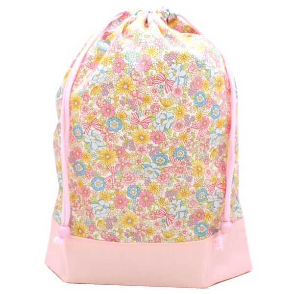 miwaki Bag03-L Gymnastics Clothing, Girls, Drawstring Bag, Large, Travel Pouch, Gusset, Elementary School, Kindergarten, Nursery, Name Tag, Made in Japan, Ribbon Flower Pink