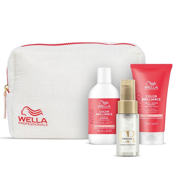 Wella Professionals Invigo Color Brilliance Reiseset für feines Haar – farbschützende Pflege – Set aus 100 ml Shampoo, 75 ml Haarmaske und 30 ml Oil Reflections Light Haaröl – inkl. Kosmetiktasche