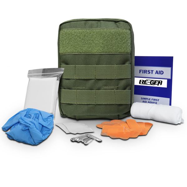 RE-GEN Tactical MOLLE 23pc HSE 1 Person Emergency Outdoor First Aid Kit Pouch Green | Ideal for Camping, Hiking, Walking, Travel