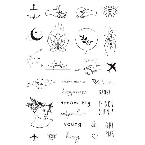 Temporary Tattoo Set By Tatsy, The Simple Set, For Women and Men, Original, Unique Design, Cover Up, Modern, Hipster, Minimalistic Tiny, Urban, Writing, Stars, Anchor, Heart, Hands, Waterproof Tattoos