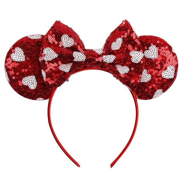 Mouse Ears Headbands Glitter Bow Valentines Day Headband Red Sequin Hair Band with Heart Patterns, Mouse Ears Hair Hoop Party Hair Accessories for Girls Women New Year Wedding Birthday Gift 1PCS