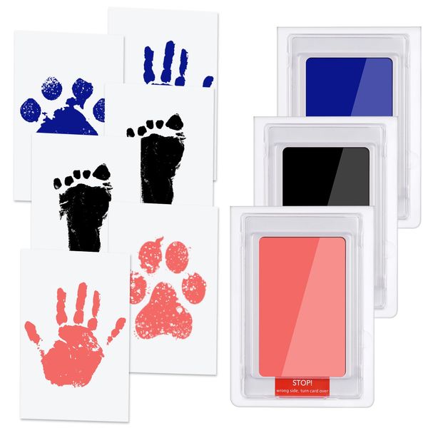 Vicloon Baby Hand and Footprint Kit, Baby Handprint and Footprint Ink Kit Pet Paw Print Kit with 3 Ink Pads and 6 Imprint Cards, Inkless Print Kit Paw Print Kits for Dogs (Blue-Black)