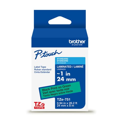 Brother Genuine P-Touch TZe Black Print on Green Label Tape (TZe751), Laminated, ~1in x 26.2ft (24mm x 8m), for Select P-Touch Label Makers, Durable, Water-Resistant, Indoor/Outdoor Use