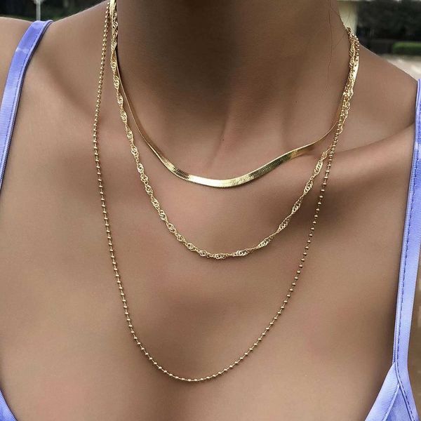 YienDoo Boho Layered Snake Chain Necklace Gold Beaded Necklace Fashion Herringbone Choker Necklace Multilayer Statement Snake Beaded Necklace Jewelry for Women and Girls