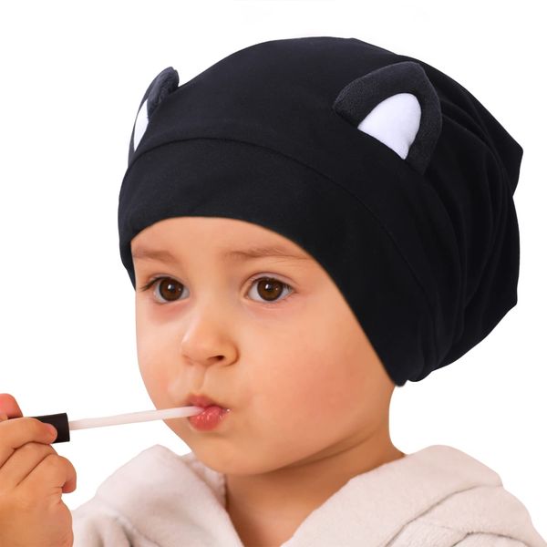 Hat Hut Kids Satin Bonnet Silk Bonnet for Baby Girl Sleep Cap for Toddler Curly Hair Adjustable Silk Lined Beanie with Ears (Black Cat Kids)