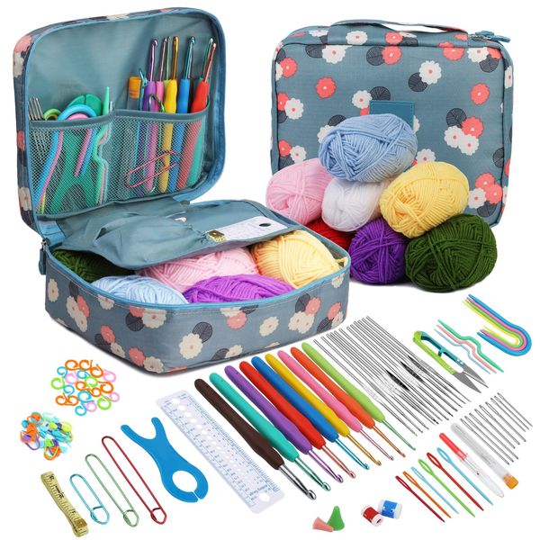 Qzma Crochet Kit for Beginners, 103 PCS Crocheting Kit Beginner, Crochet Starter Kit, Crochet Hook Set with Crochet Yarn and Crochet Accessories, Beginner Crochet Yarn Kit for Adults