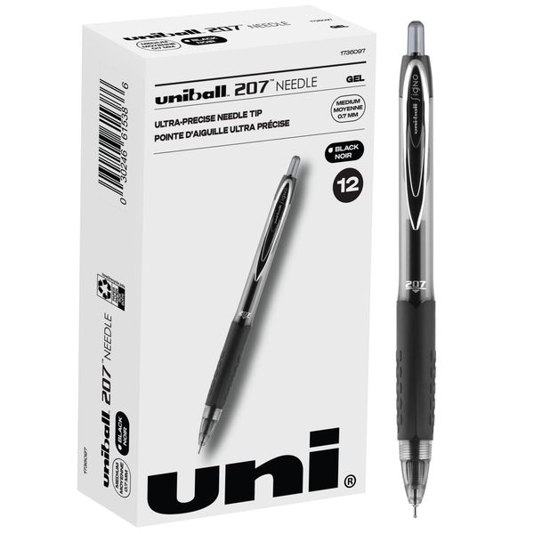 uni-ball 1736097 207 Needle Retractable Gel Pens, Medium Point (0.7mm), Black, 12 Count (Pack of 1)