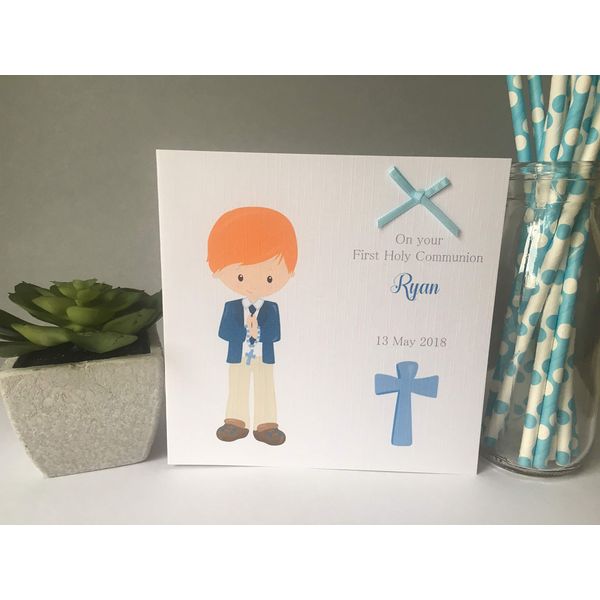 Personalised First Holy Communion Card Confirmation Day Baptism Boy Son Grandson Nephew (Red Hair)