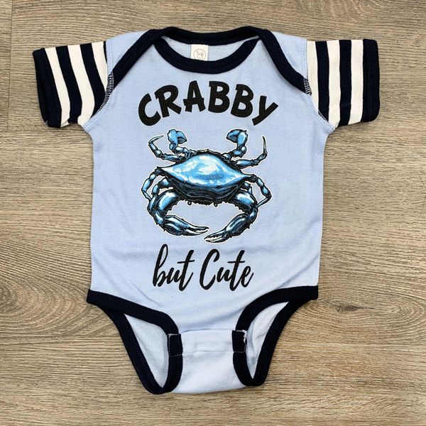 Crabby But Cute (Light Blue & Navy Stripe) / Baby Onesie - Newborn / Blue