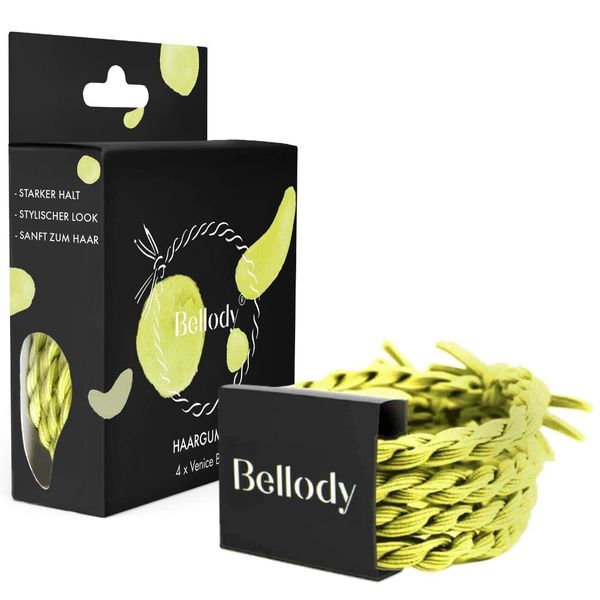 Bellody® Original Haargummis - Sundance Edition - Stylisch geflochtener Haargummi mit starkem Halt (4er Set - Venice Beach) - Damen Haarschmuck in Neon Gelb