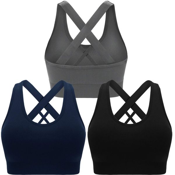 Double Couple Sports Bras for Women Padded High Impact Seamless Criss Cross Back Workout Tops Gym Activewear Bra, Black+Grey+Navy, Medium