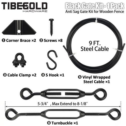 TIBEGOLD Anti Sag Gate Kit for Wooden Fence, Black Gate Support Cable Kit, Gate Sag Frame Kit Hardware, Anti-Sagging Fence Gate Kit Hardware, Wood Gate Repair Kit for Outdoor, 1 Pack