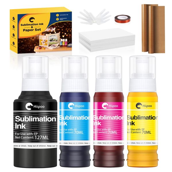 Hiipoo Sublimation Ink Set with 110 Sheet Sublimation Paper 8.5x11” 120G, 2 Pack Teflon Sheet, Heat Tape compatible for Inkjet Printer ET-2720 ET-2760 ET-2800 ET-2803 ET-2400 ET-4700 ET-4800 ET-15000