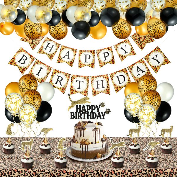 51 Pieces Cheetah Birthday Decorations Including Cheetah Birthday Banner Cheetah Theme Balloons Leopard Cake Topper Safari Animal Print Tablecloth and Ribbon for Baby Shower Party Supplies