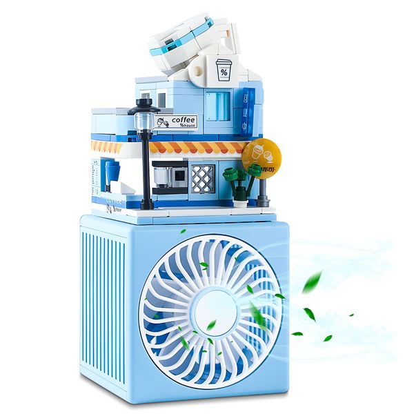 QearFun Small Desk Fan,USB Rechargeable Battery,Cute Building Blocks City Street Fan for Kids with 3 Speeds Strong Wind,DIY Creative Model Set for Desktop/Home/Offic-Blue Coffee House