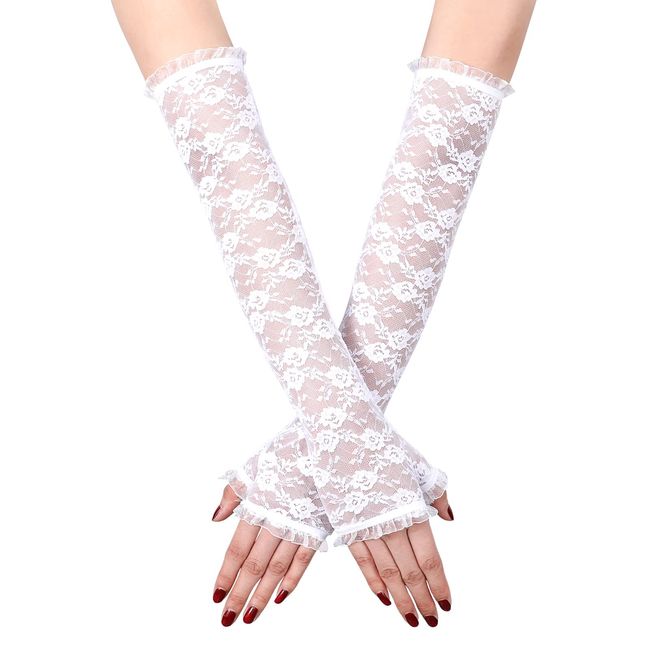 WERFORU Women Long Lace Gloves Fingerless Vintage Floral Elastic Lace Gloves for Halloween Wedding White