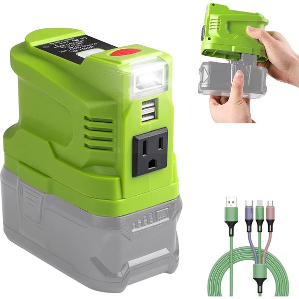 150W Powered Inverter Generator for Ryobi 18V Lithium Battery，ryobi Battery Inverter Power Station with 2-USB&AC 110V-120v，Power Inverter with 200LM LED Light USB Cable