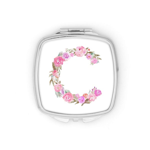 Personalised Initial C Any Letter Pink Roses Floral Compact Pocket Mirror Initials Custom Monogram