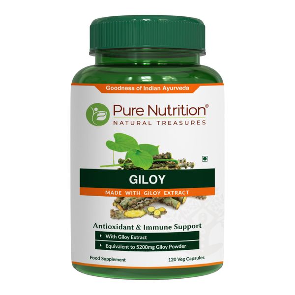 Pure Nutrition Giloy Supplement Made with Giloy Stem Extract, Leaf Extract & Stem Powder | Equivalent to 5200mg Giloy Powder | Antioxidant and Immune Support | Non-GMO | Once Daily | 120 Days Supply.