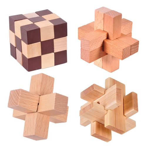 Holzsammlung Wooden 3D Puzzle Set, 4 Pieces Brain Teaser, IQ Test Mind Game Toys for Kids & Adults, Educational Skill Building Blocks, Intelligence Challenging Puzzles