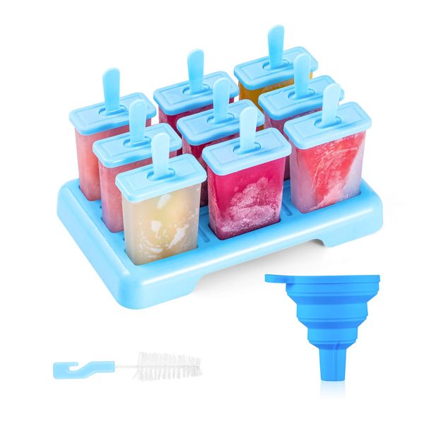 ANSMIO Ice Lolly Moulds 9 Popsicle Molds Ice Cream Moulds Reusable DIY Ideas Ice Lolly Stick - Comes with a Cleaning Brush and Silicone Folding Funnel(Blue)