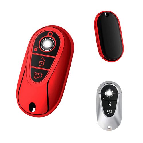 Xotic Tech Key Fob Cover Soft TPU Key Case Key Shell Protector w/Printed 3-Button, Compatible with Mercedes-Benz C E S CLE GLC-Class W206 W214 X254 W223 Smart Keyless Entry Key (Red)
