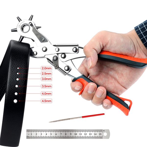 AIRAJ PRO Leather Hole Punch Tool,Revolving Punch Plier Kit,6 Multi-Hole Sizes Belt Hole Puncher,Fabric Hole Maker for Belt,Bands,Crafts