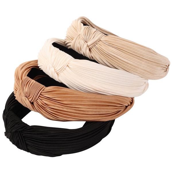 Drnytunk 4 Pack Knotted Wide Headbands for Women Girls Cute Head Wrap in Solid Color Non-slip Hair Accessories for Daily Festival Gifts(Black White Khaki Coffee)