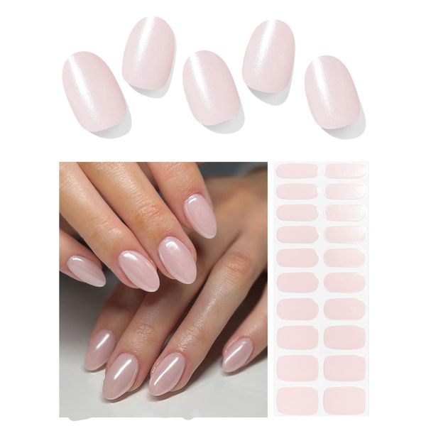 AutyaMee Semi Cured Gel Nail Strips (Glazed Donut Pink)-20 PCS Pearl Chrome Gel Nail Stickers Kit | Works With UV Light | Gel Nail Wraps, Salon Quality & Easy To Use