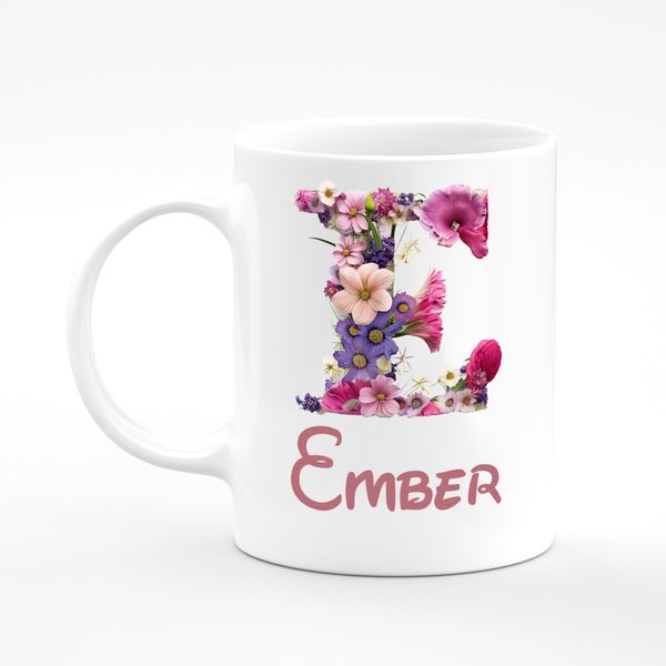 Ember Flower Letter Design Mug Gift 11oz Ceramic Coffee Tea Cup Alphabet