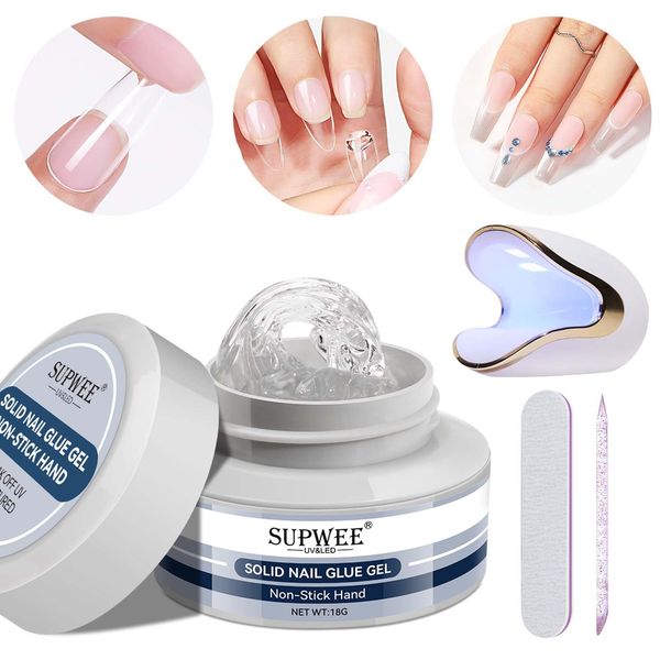 SUPWEE Solid Nail Glue Gel, 18g Solid Nail Rhinestone Glue Gel for Press On Nails and Mini UV Lamp for Nail Cure Super Strong Nail Tips Glue Gel 3D Nail Art for Acrylic Decoration