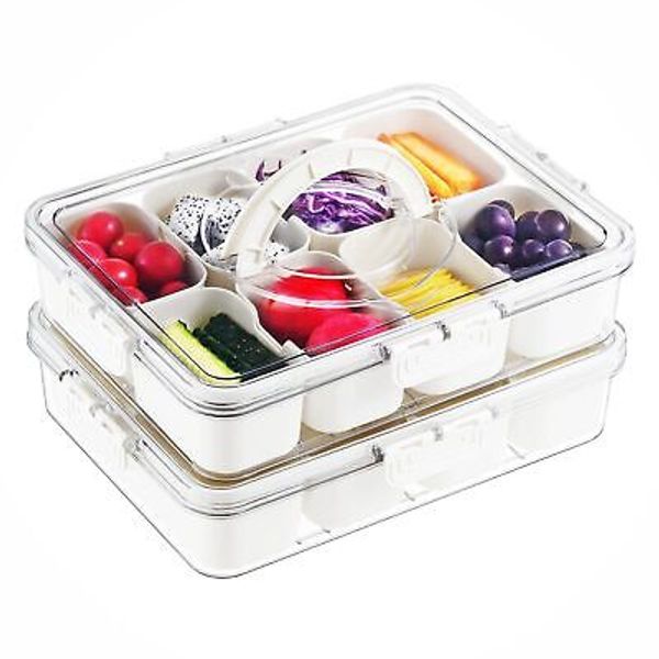 2 Pack Snackle Box Containers Snack Tray Divided Serving Tray w/ Lid and Handle