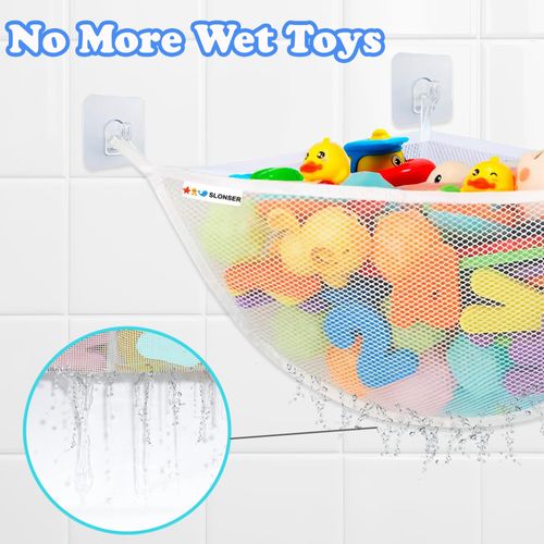 Bath Toy Holder Corner, Kids Bath Toy Net for Tub, Bathtub Holder Basket, Storage Bin Hammock Organizer, Shower Caddy Hanging Mesh Bag, Baby Bathroom Storage with 3 Suction Cups 3 Adhesive Wall Hooks