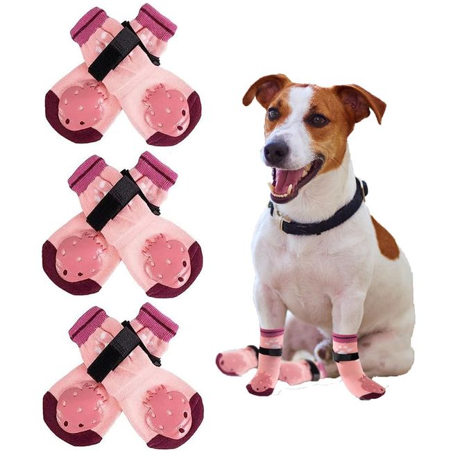 EASY JOY 3 Paar Hundesocken Anti Rutsch mit Verstellbaren Trägern, Hunde Pfotenschutz mit Anti-Rutsch-Gummi Verhindern EIN Verrutschen, Rosa Größe L