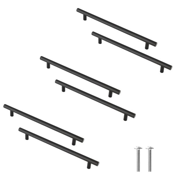 Cjueiom 6 Pack Matt Black Cupboard Handles 128mm Hole Center T Bar Handles, Stainless Steel Drawer Handles Long Wardrobe Door Handles Pulls, 200mm Length Kitchen Cabinet Handles for Bedroom Drawer