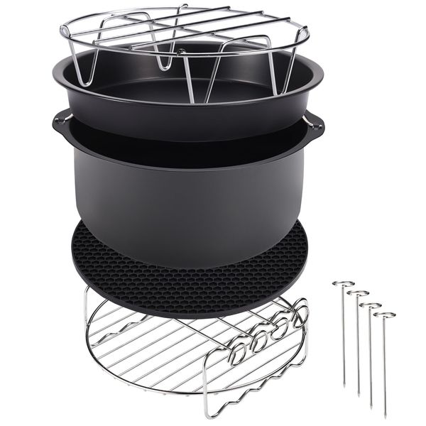 MONZANA® Heißluftfritteuse Zubehör XL 6,5L Fritteuse Set 9tlg mit Brotbackkorb Pizzapfanne Silikonpfanne Grillrost Spieße