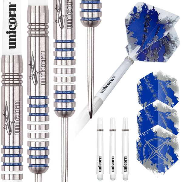 Unicorn Steel Tip Darts Set | Gary 'The Flying Scotsman' Anderson Silver Star | 80% Natural Tungsten Barrels with Blue Accents | 27 G