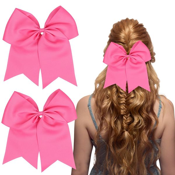 Pink Bows Hair Ties 8" Large Cheer Bows Hair Rubber Bands Ponytail Holder Bowknot Ribbon Hair Ropes Cheerleading Bow Hair Accessories for Women Toddler Teen Girls Cheerleaders Sport Party Favor 2 Pcs