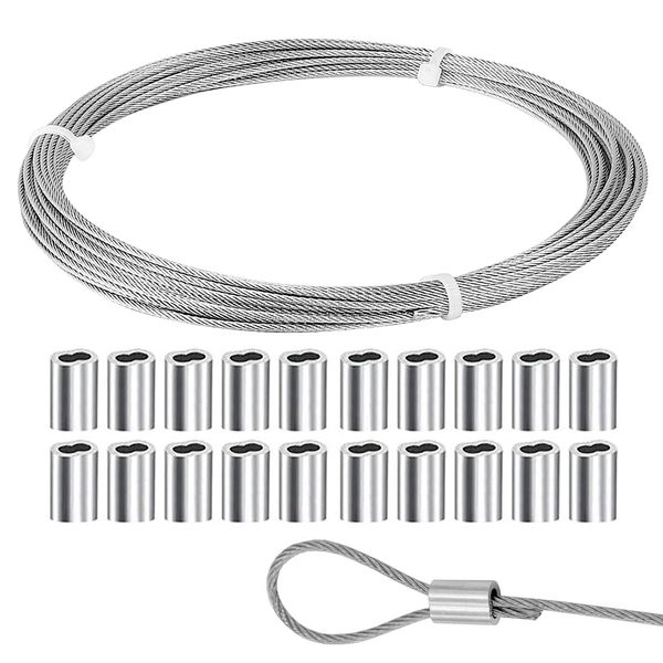 Stainless Steel Wire Rope, Wire Tent, Clothesline Length 32.8 ft (10 m), Diameter 0.6 inches (1.5 mm), 7 x 7 Structure, Cutting Load 355.0 lbs (165 kg), 8 Letter Type Aluminum Sleeves, 20 Pieces,