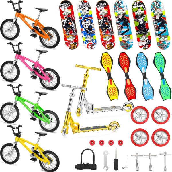 Skylety 31 Pieces Mini Finger Toys Set for Boy Girl Includes 6 Finger Skateboards, 4 Finger Bikes, 2 Mini Scooters 4 Swing Board 8 Matched Wheels 7 Tool Accessories Educational Toy Party Favor (Cool)