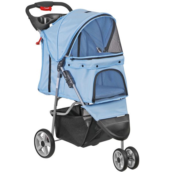 Dog Stroller 3 Wheels Foldable Cat Pet Jogger Stroller w/ Cup Holder+Basket Blue