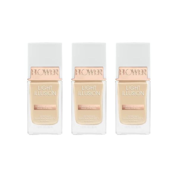 FLOWER Beauty Light Illusion SPF Foundation | Lightweight, Breathable Long-Lasting Liquid Formula | Blends Imperfections and Uneven Skintone | Flawless, Smooth Finish - Porcelain (Pack of 3)